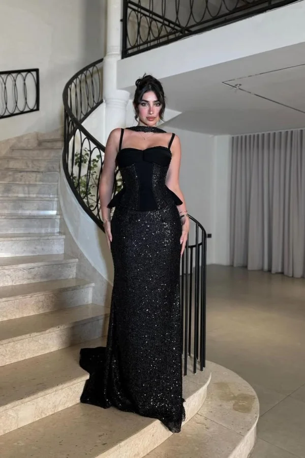 Elegant Black Sequins Sleeveless Prom Dress With Scarf YK0028