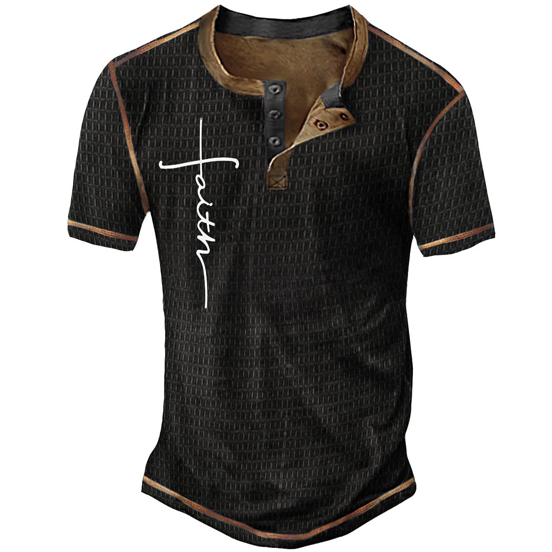 Men‘s Retro Printed Short Sleeve Round Collar Button Outdoor Henley Shirt