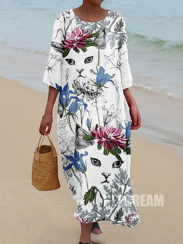 Womens Funny Cat Face Flower Pattern Pocket Cotton Dress