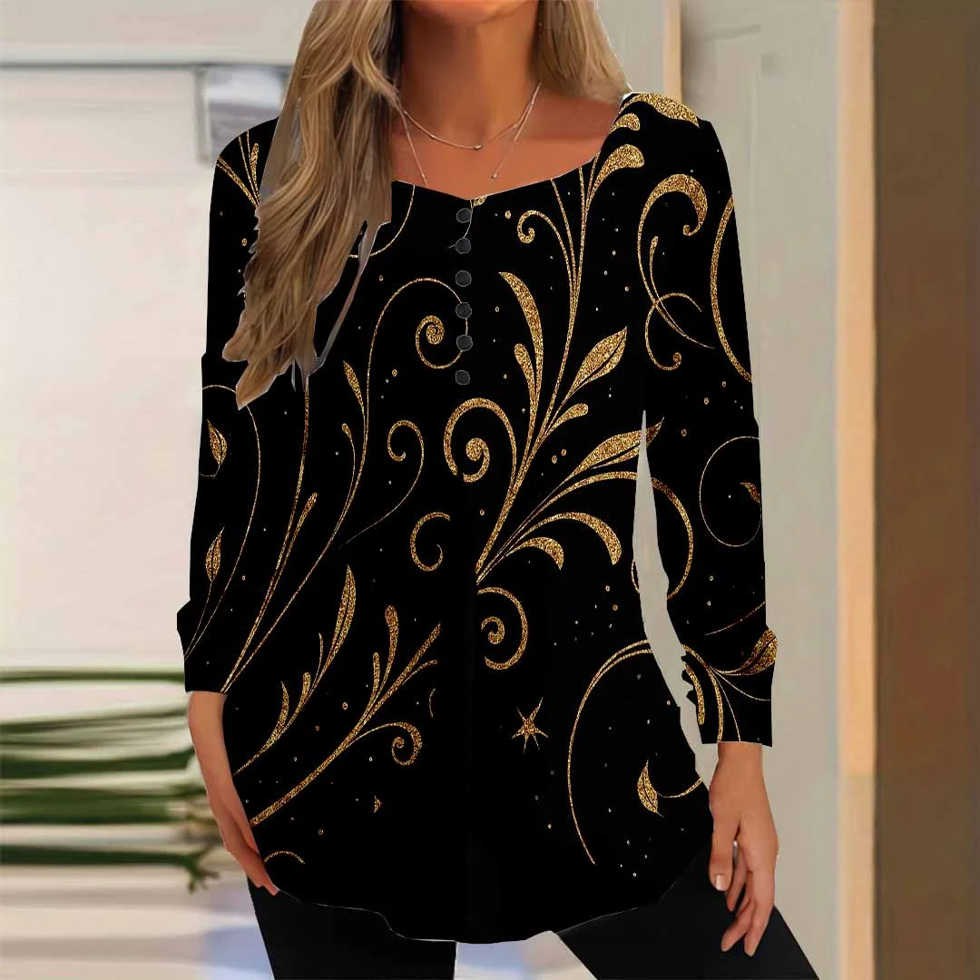 Women Graphic,Black DZGG8339 Long Sleeve Scoop Neck Printed Graphic Button Fake 2in1 Tops