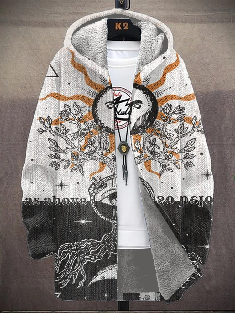 Men's Sun And Moon Yin Yang Tree Of Life Print Fleece Lined Hooded Trench Coat