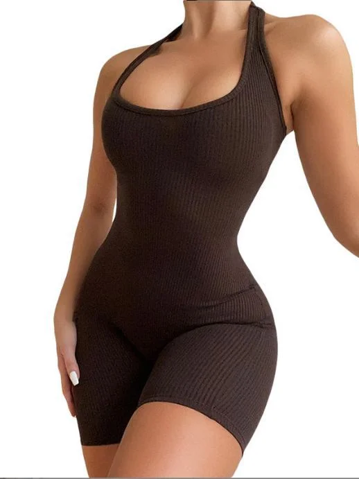 Uveng 2024 New Wind Spring Women's Pure Color Sexy Bare Back Hanging Neck Short Sports Jumpsuit