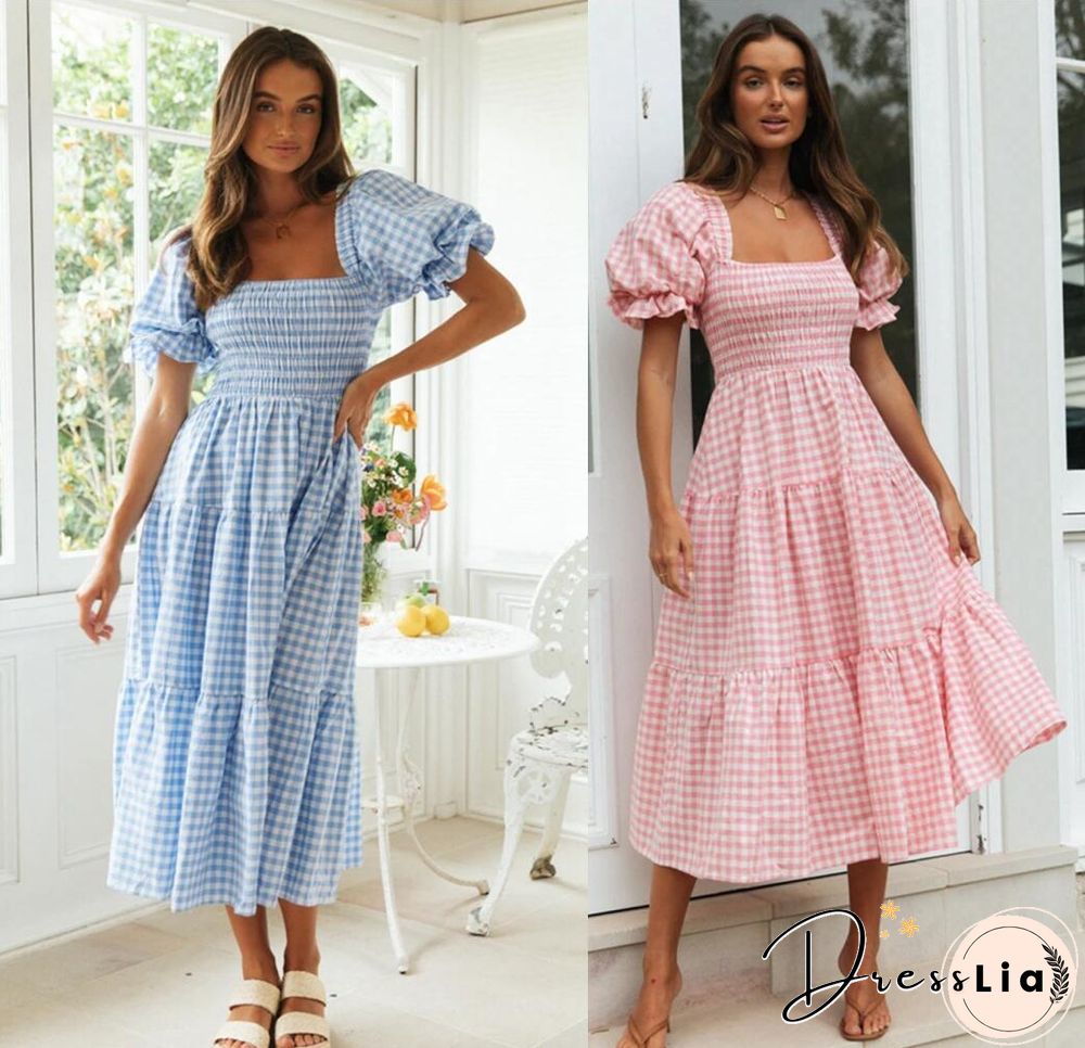 Plus Size Women Puff Square Neck Full-length Checked Plaid Dress Summer Holiday Maxi Dress Party Dress Vestidos