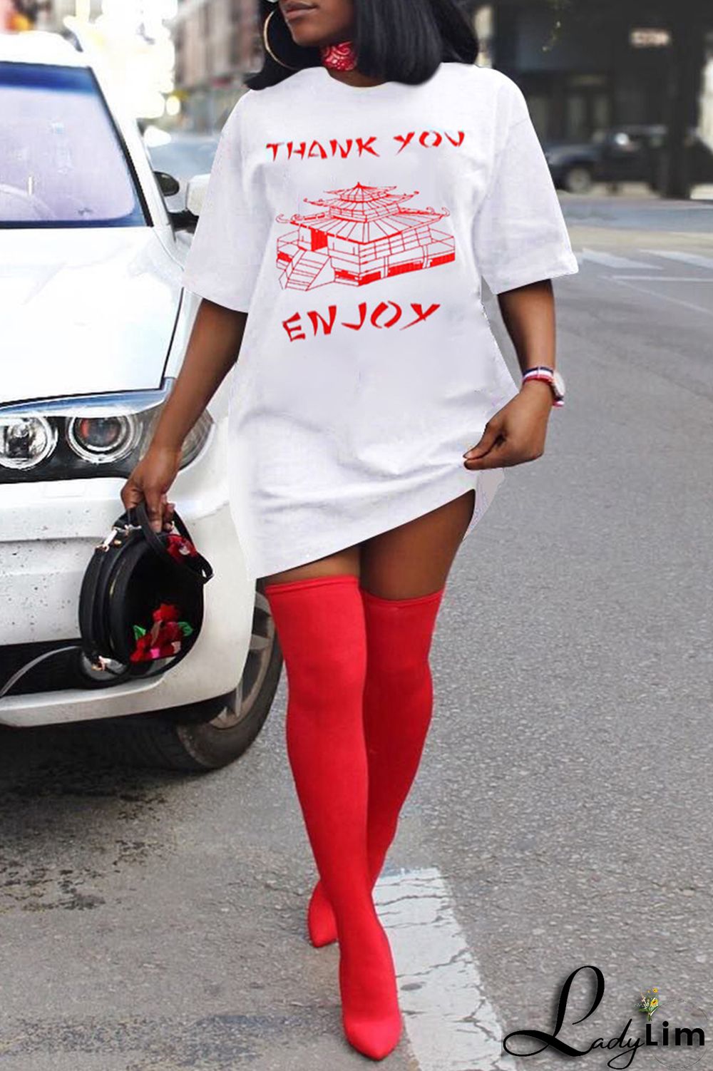 Black Fashion Casual Print Basic O Neck Short Sleeve Dress