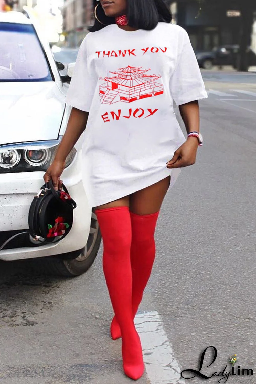 Black Fashion Casual Print Basic O Neck Short Sleeve Dress