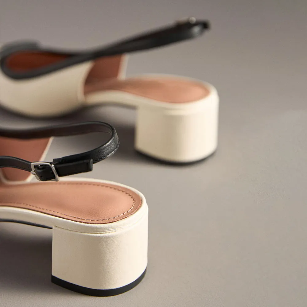 Ivory & Black Pointed Toe Block Heel Slingback Shoes with Buckle