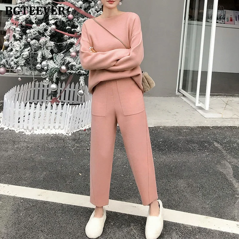 BGTEEVER 2021 Winter Casual Thick Sweater Tracksuits O-neck  Jumpers & Elastic Waist Pants Suit Female Knitted 2 Pieces Set