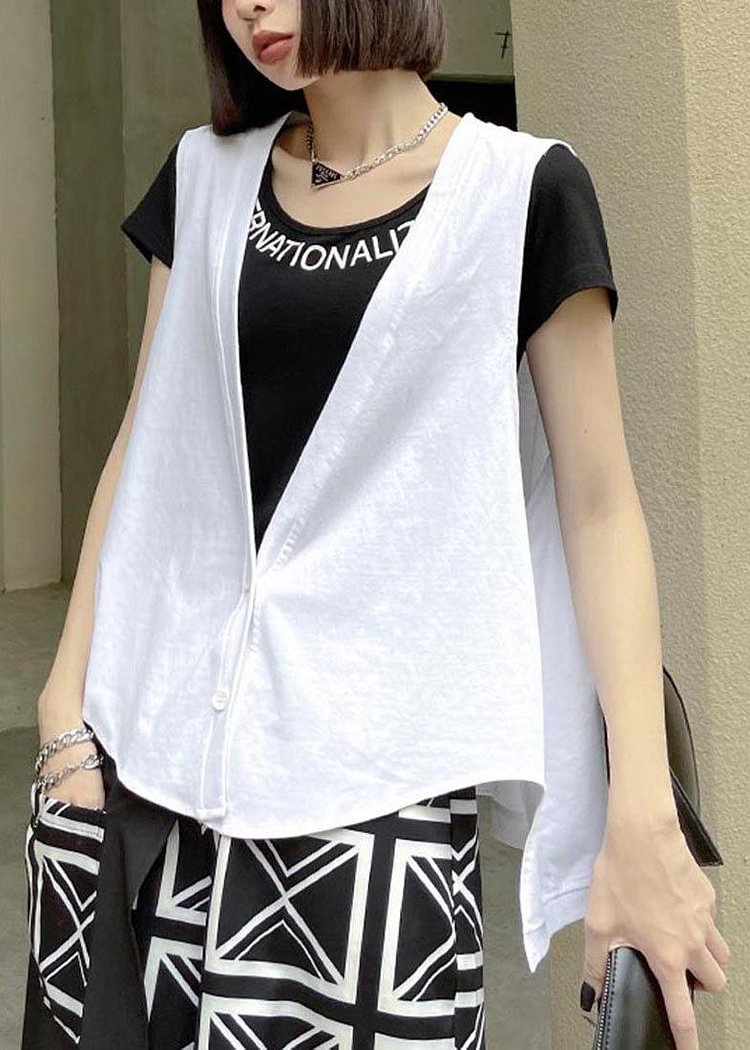 Chic White Button low high design Sleeveless Vest Summer