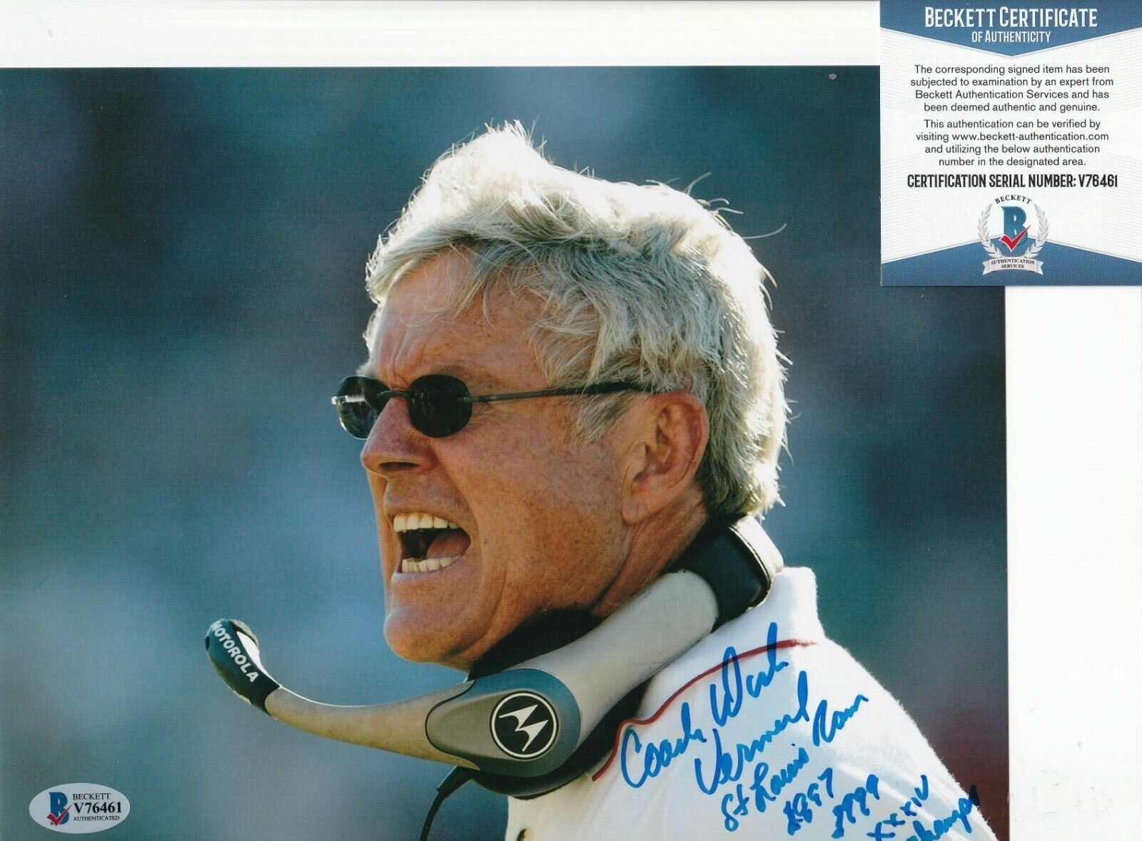 DICK VERMEIL signed (ST LOUIS RAMS) Football 8X10 Photo Poster painting BECKETT BAS V76461