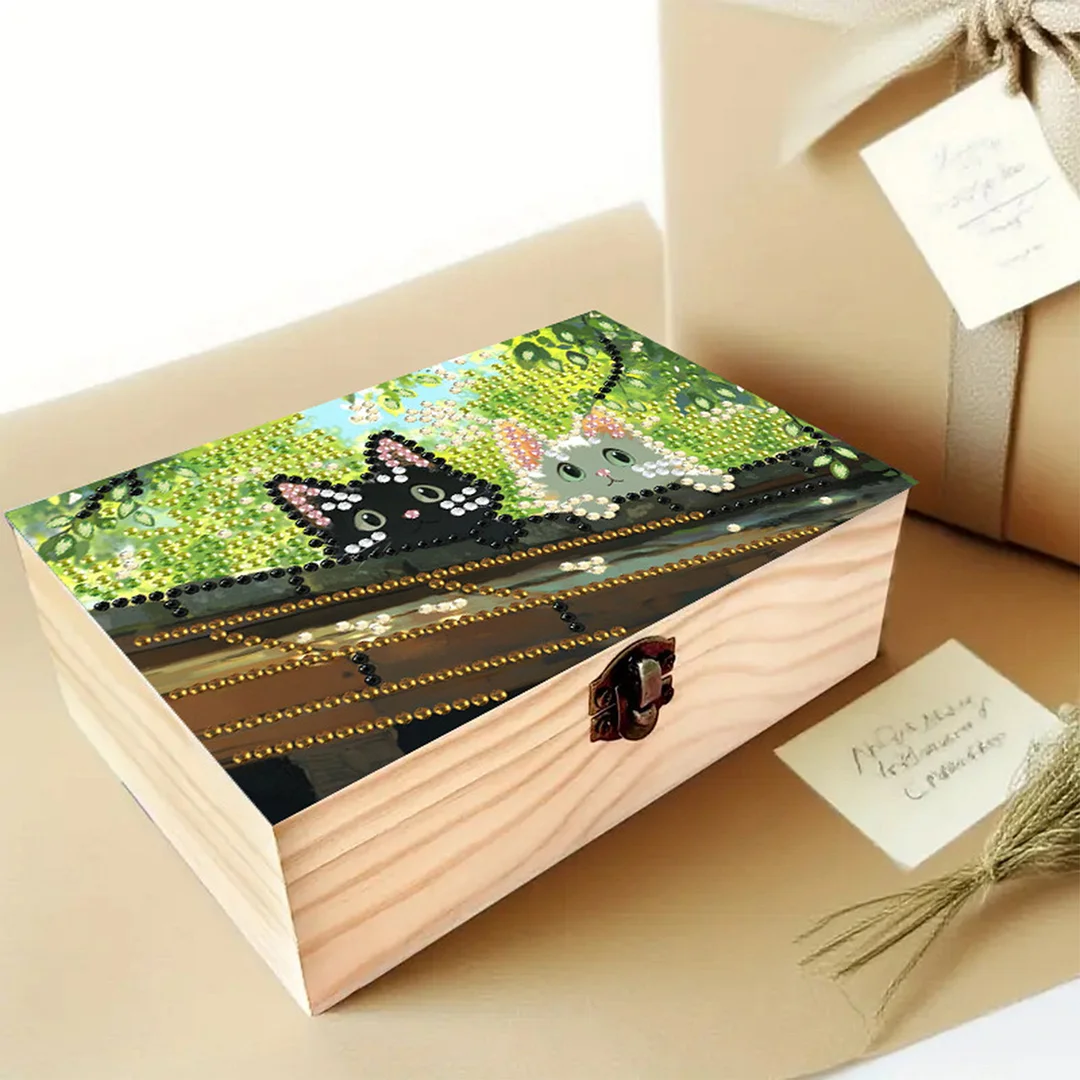 Black and White Cat DIY Wooden 5D Diamond Art Diamond Art Storage Box for Adults