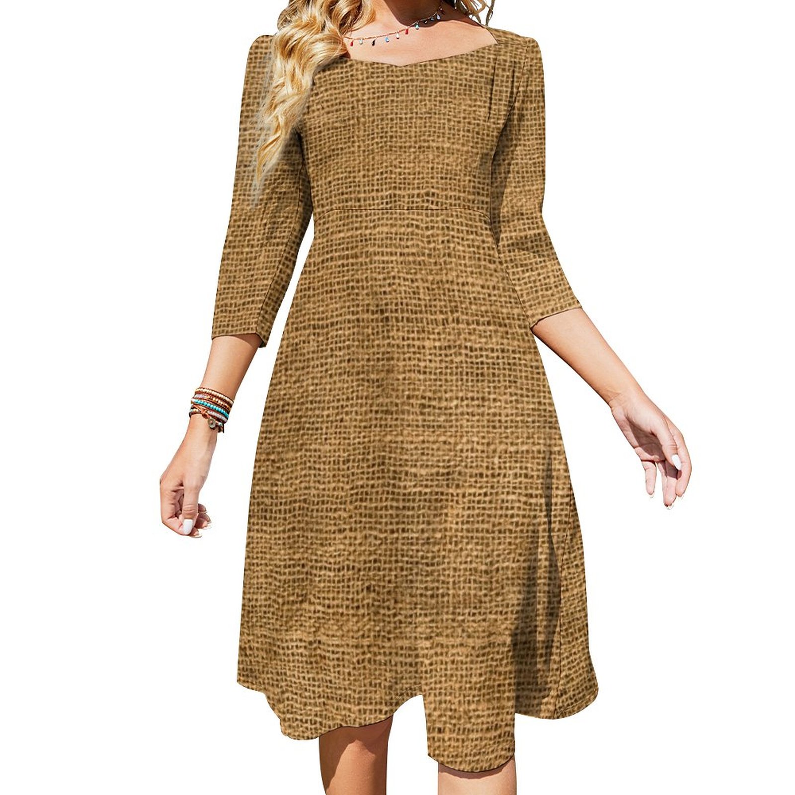 Burlap Potato Sack Dress Sweetheart Tie Back Flared 3/4 Sleeve Midi Dresses