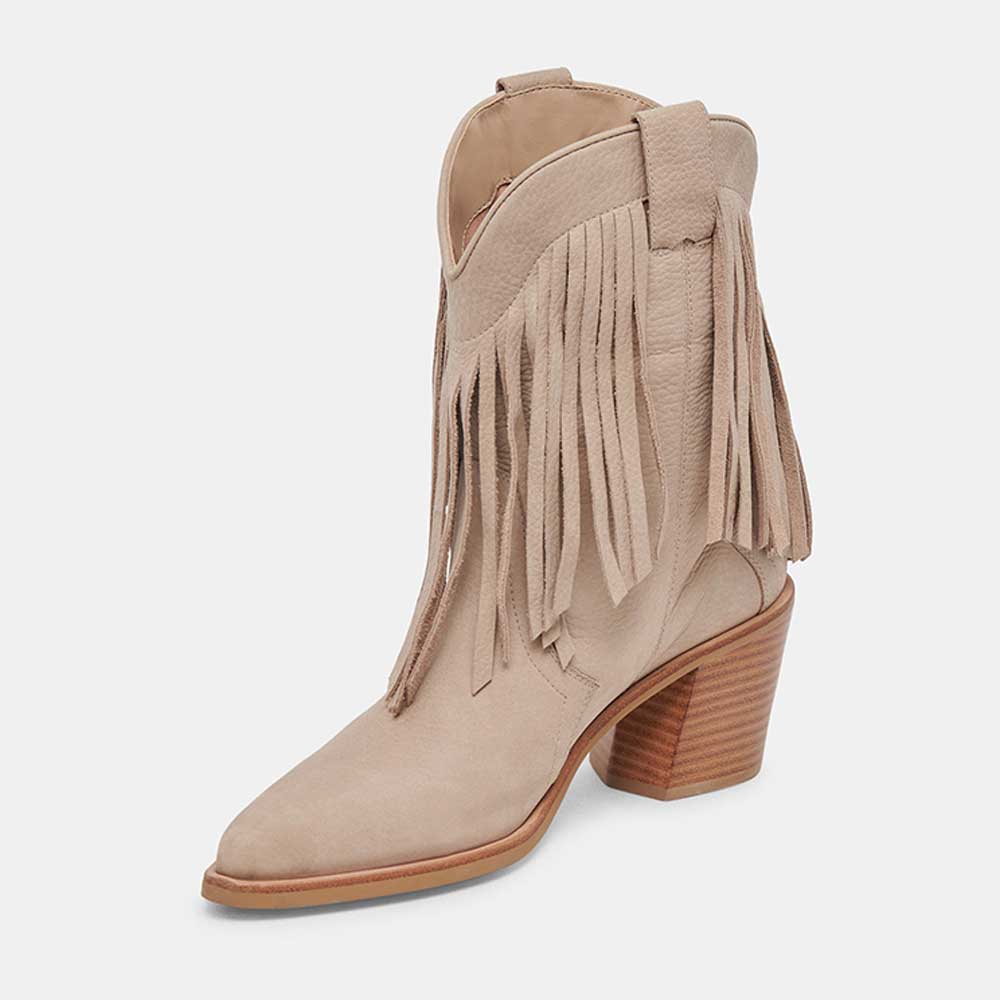 Beige Pointed Toe Fringe Ankle Length Cowgirl Boots with Chunky Heel Nicepairs