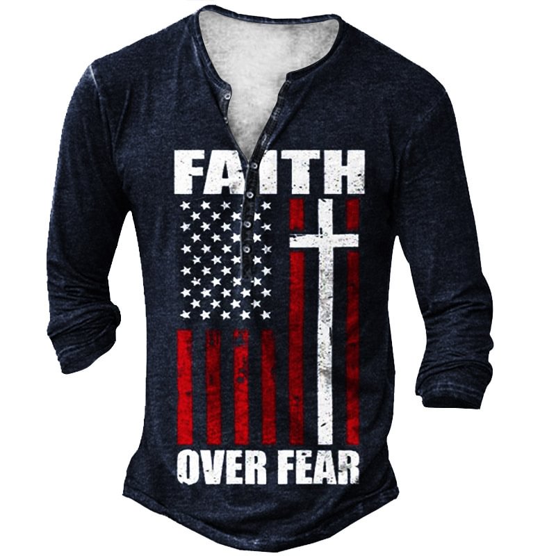 Faith Over Fear Men's American Flag Jesus Faith Henry Shirt-Compassnice®
