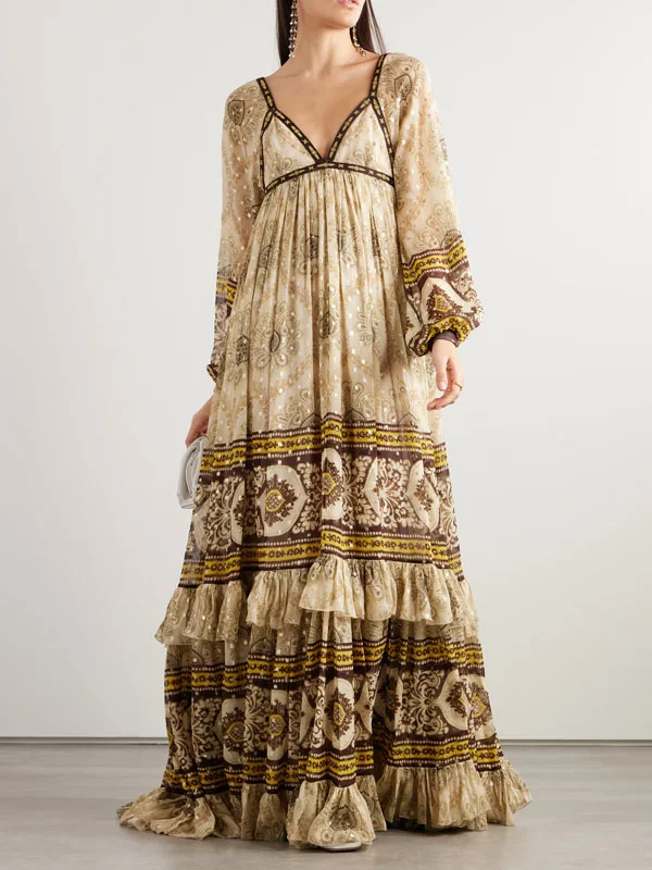 Tiered Floral Print Embroidered Jacquard Silk Blend Gown