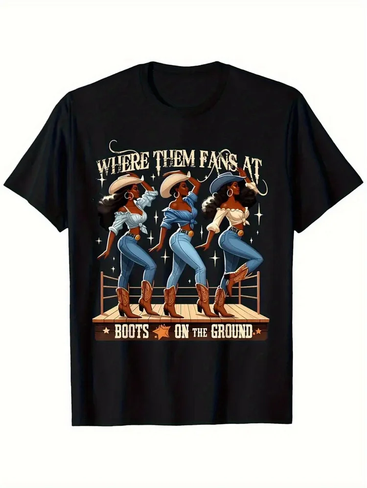 Women's Western Graphic Print Cotton T-Shirt - "Where They Fans At" & "Boots On The Ground" Design, Loose Fit Short Sleeve Round Neck, Breathable Casual Summer Tee For Daily Wear & Parties, Ladies T Shirts, Summer Party Essential, Cowboy Themed Apparel