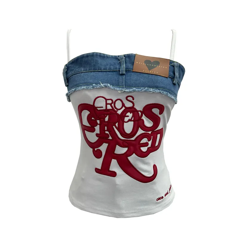 Churchf Design-Sensitive Edge Denim Spliced Letter Embroidered Sling Sling Vest T-Girls Short Top 23098