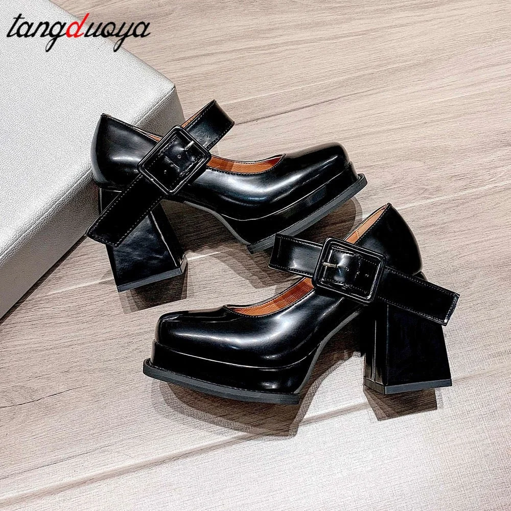 Thick Sole Mary Jane Shoes 2022 Spring Women's Square Toe Leather Shoes High Heels Velcro Wedges Party Pumps Punk Shoes