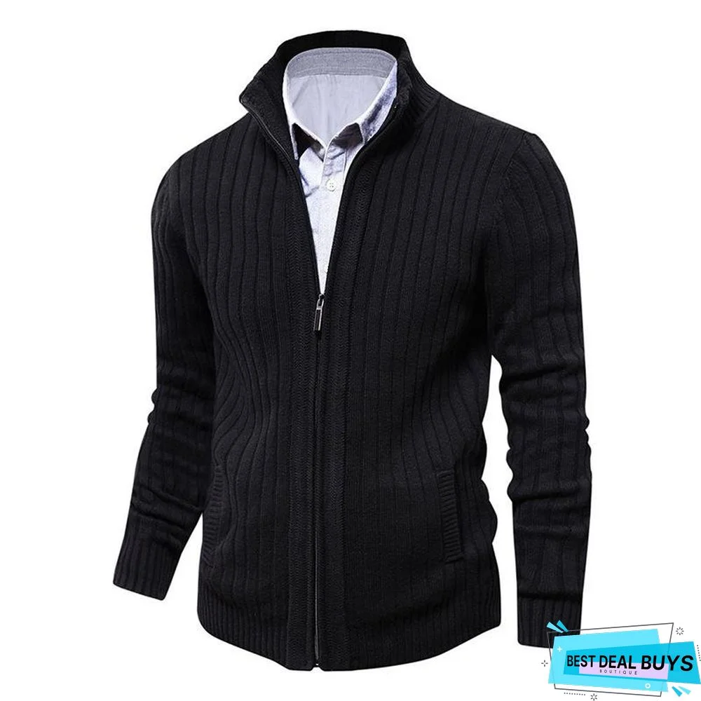 Men's Sweater Coat Slim Fit High Neck Long Sleeve Solid Color Cardigan