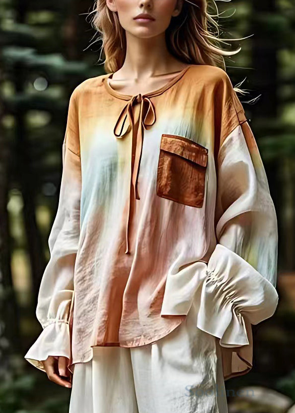 VCSHOES O Neck Lace Up Cotton Shirt Flare Sleeve