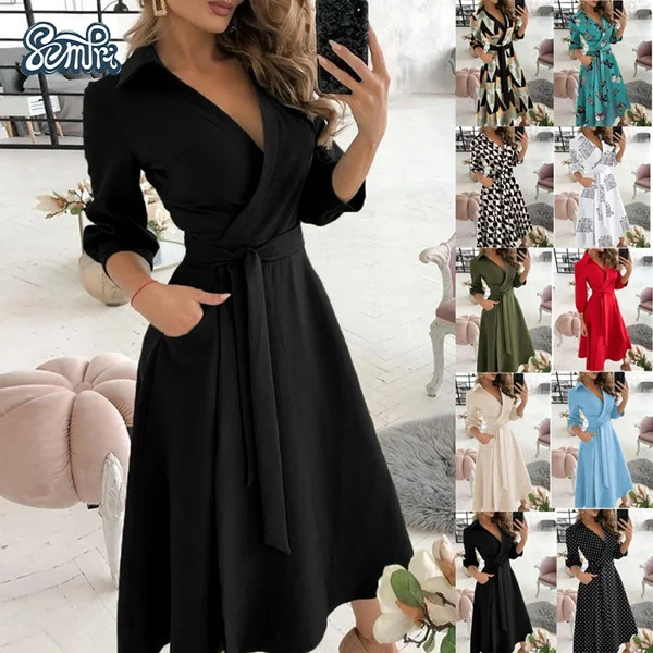 Fashion V-neck Print Dress Summer Casual Dress Belt Lace Up Party A Line Prom Dress Long Sleeve Ladies Tunic Dress