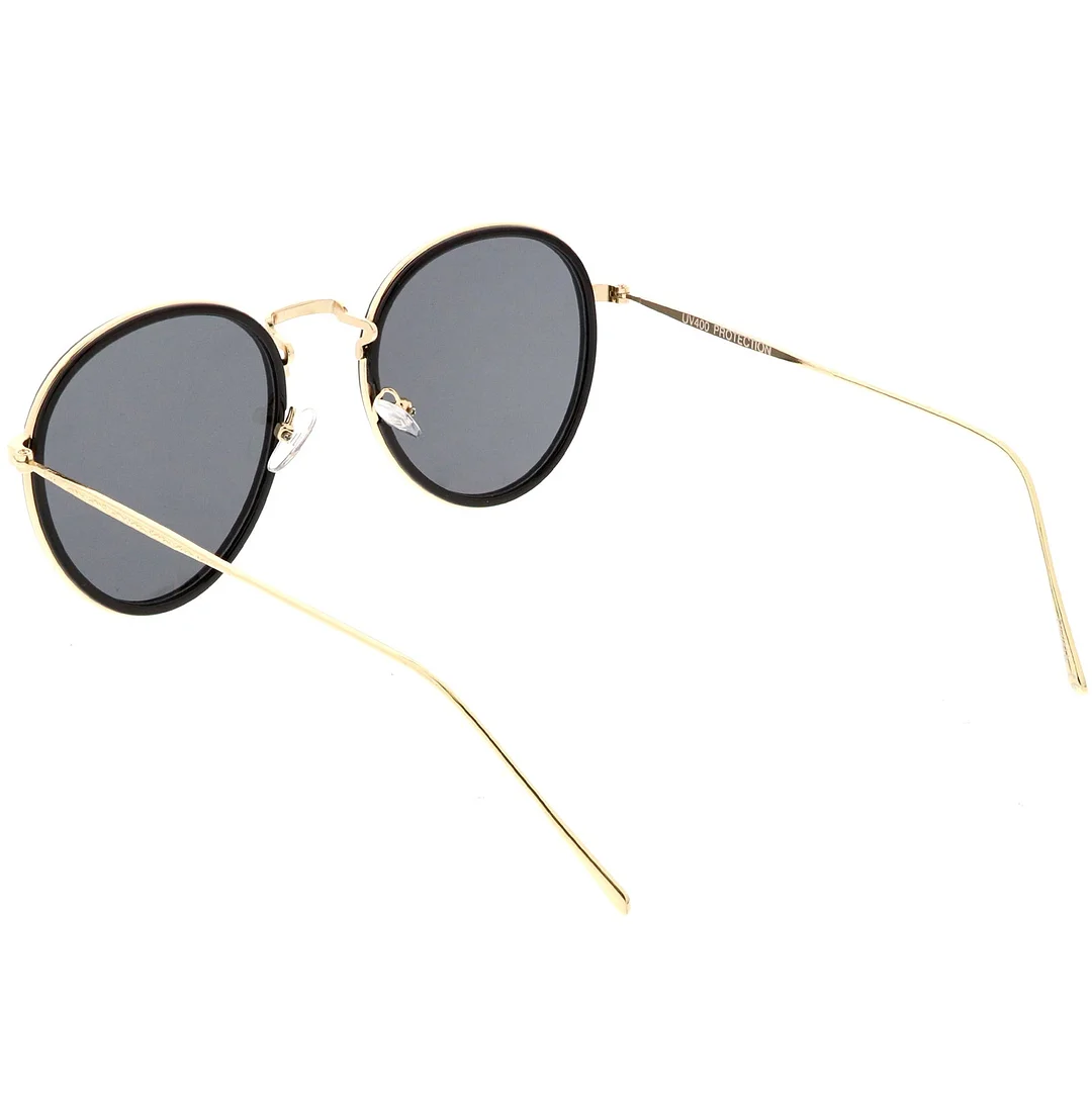 Modern Round glasses Engraved Slim Metal Arms Neutral Color Flat Lens