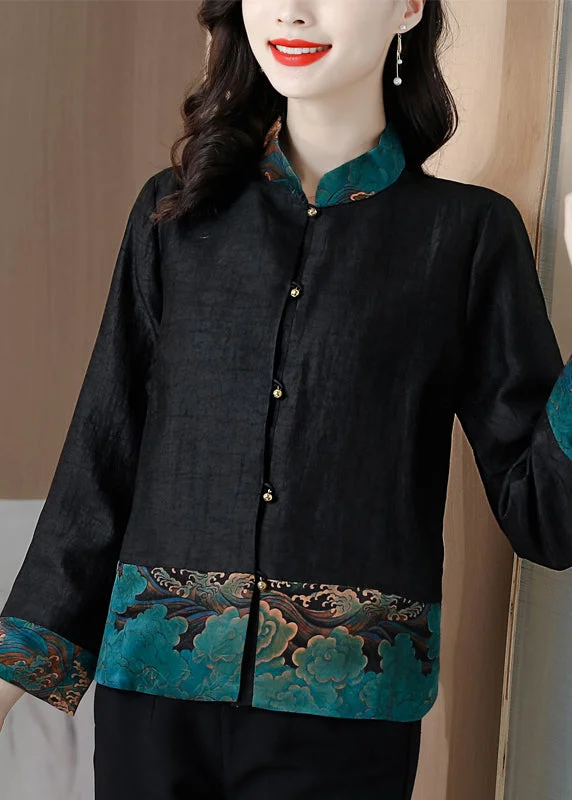 Simple Black Stand Collar Print Patchwork Button Silk Shirt Long Sleeve