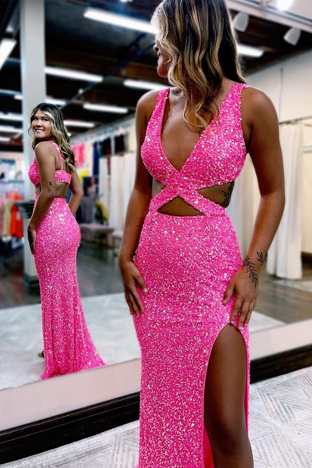 Stylish Hot Pink Straps Mermaid Split Prom Dress With Sequins | Ballbellas Ballbellas
