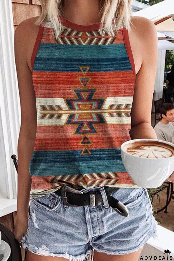 Kristina Ethnic Geometric Hippie Print Knit Tank Top