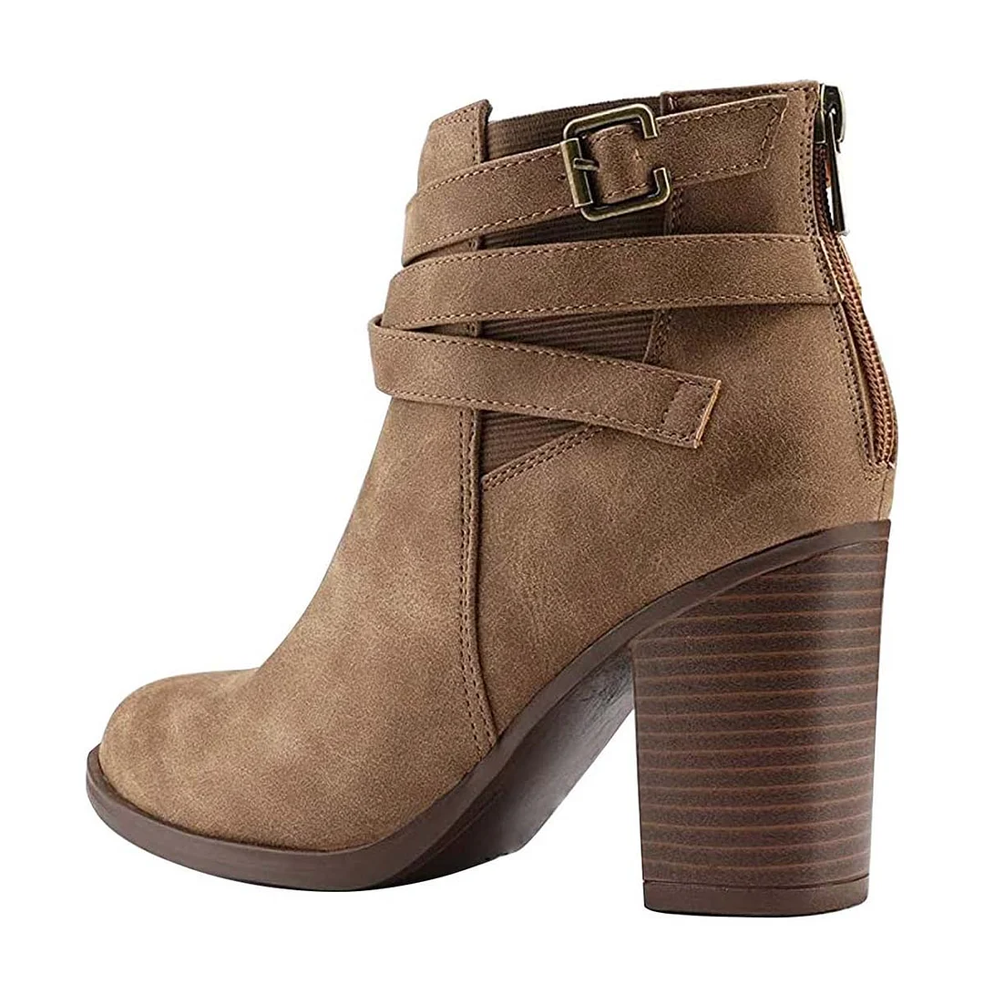 Tan Round Toe Block High Heel Strappy Buckled Ankle Boots with Zipper
