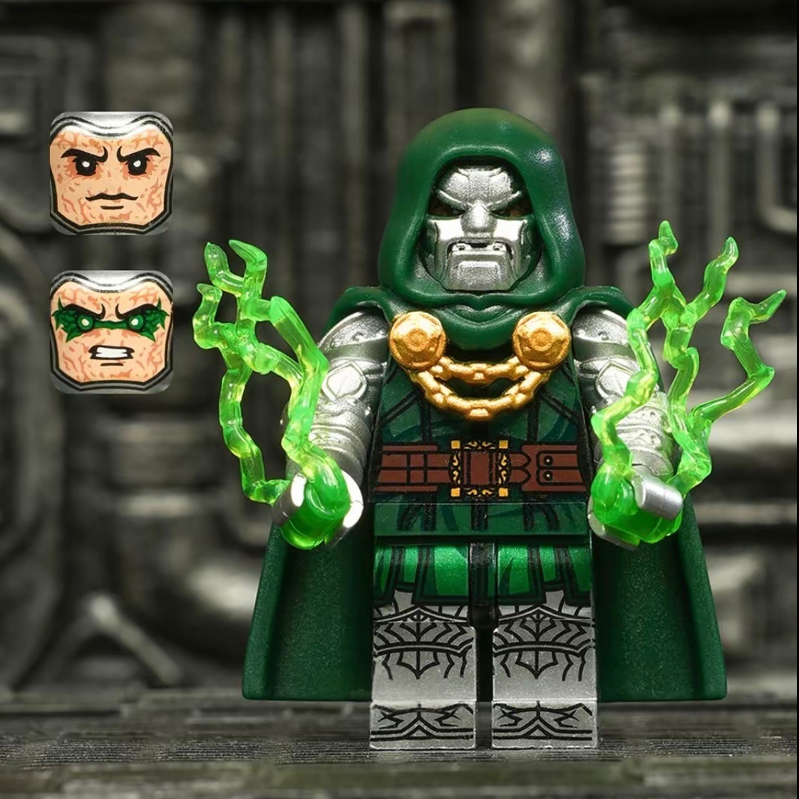 MOC Doctor Doom Minifigures Set - 3 Styles with Interchangeable Faces & Green Energy Accessories, Collectible Building Block Toy