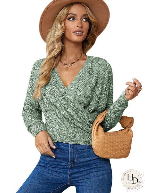 V-Neck Ladies' Sweater With Cross Detail In Solid Colors And Sexy Long Sleeves
