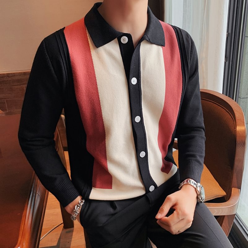 New Style Contrast Striped Long-sleeved Knitted Cardigan Sweater