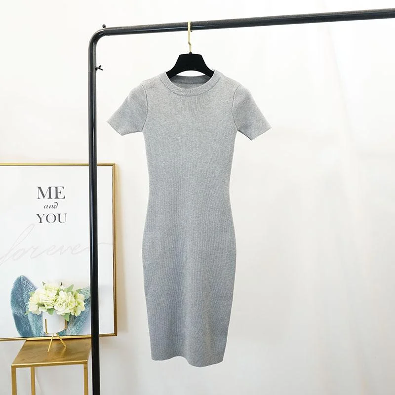 FTLZZ New Women Stretch Knitted Midi Dress Summer Spring Lady Casual O-neck Slim Knitting Bodycon Dresses Vintage Vestidos