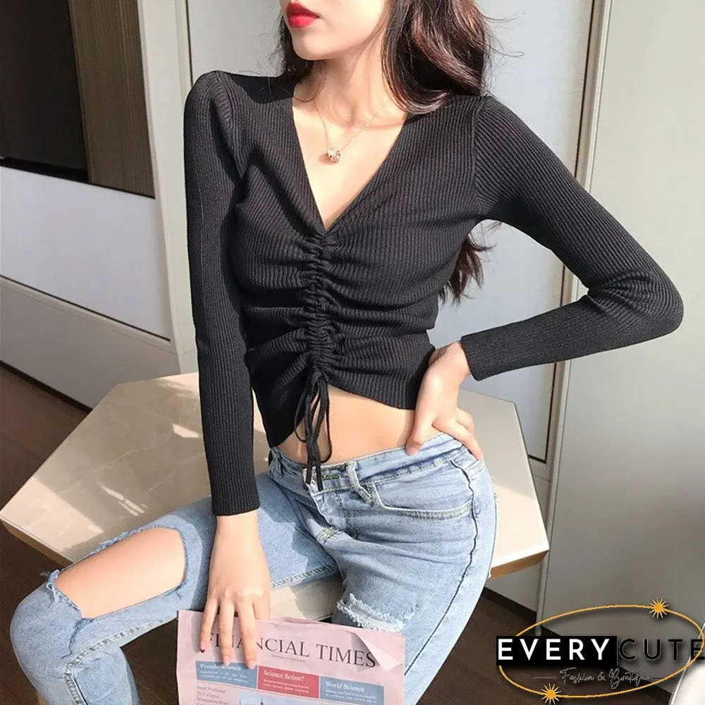 Sexy Neck Lace Crop Sweaters Women Solid Long Sleeve Knitted Pullover Womens Korean Style