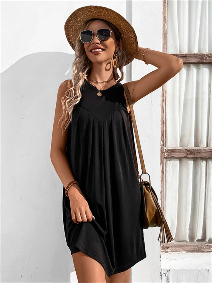 Hot Summer New Fashion Round Neck Pleated Sleeveless Women's Dress Solid Color Mid-waist A-line Skirt Casual Tank Dress