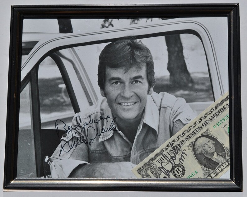 DICK CLARK SIGNED Framed Photo Poster painting & Signed Dollar Bill Times Squares New Years Eve celebrations American Bandstand wcoa