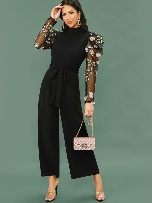 3D Applique Embroidered Mesh Gigot Sleeve Wide Leg Jumpsuit - Shop Trendy Women's Fashion | TeeYours