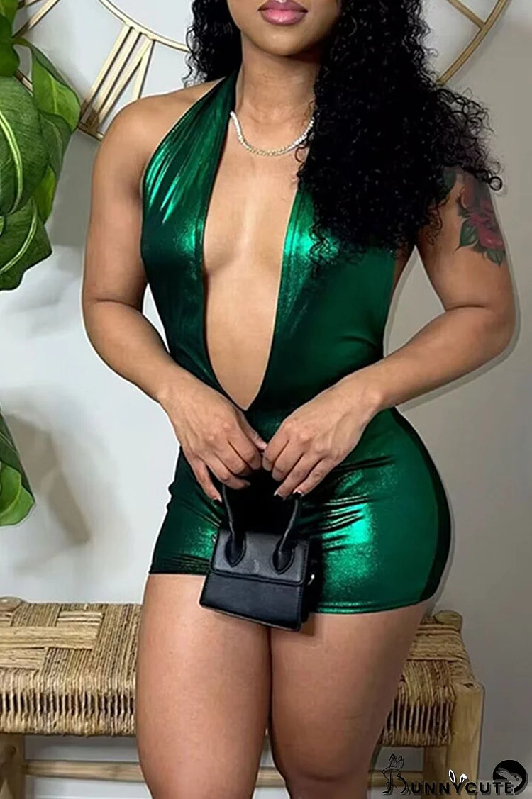 Green Sexy Solid Patchwork Backless Halter Skinny Jumpsuits