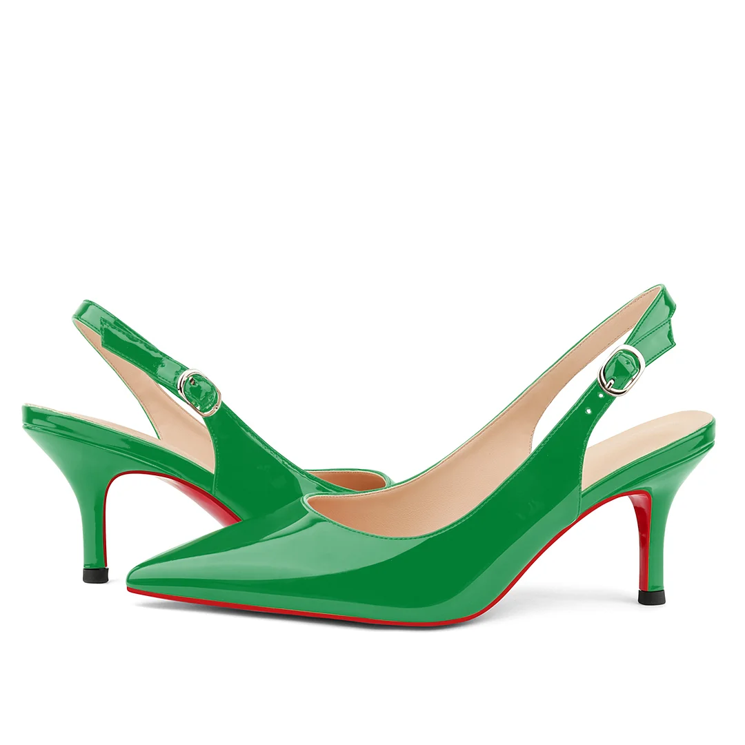 2.36" Women's Pointed Toe Red Bottom Sandals Slingback Shoes Kitten Heel Pumps Patent-MERUMOTE