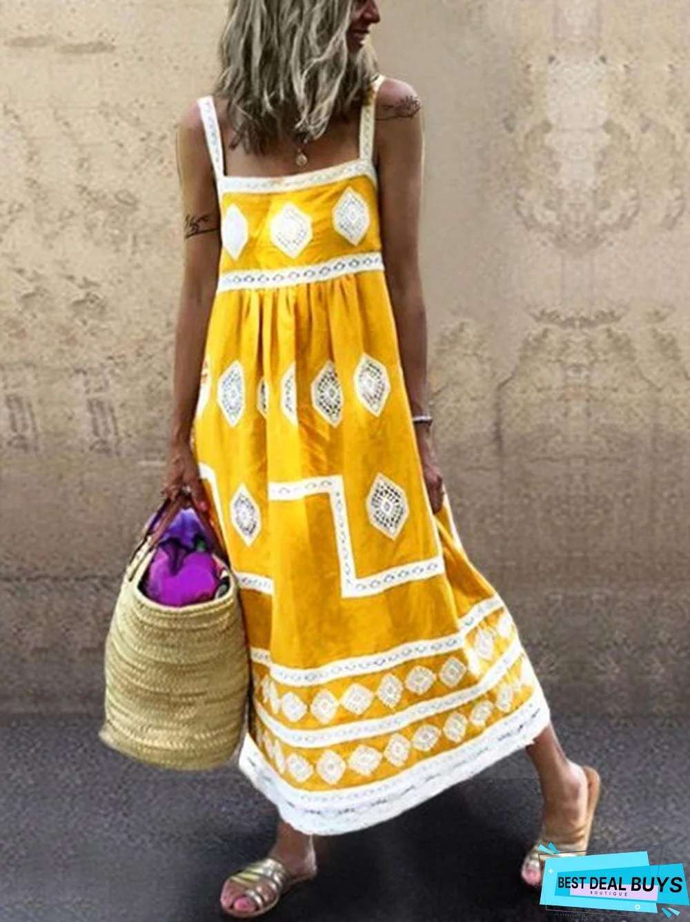 Women Boho Holiday Graphic Linen Maxi Dress
