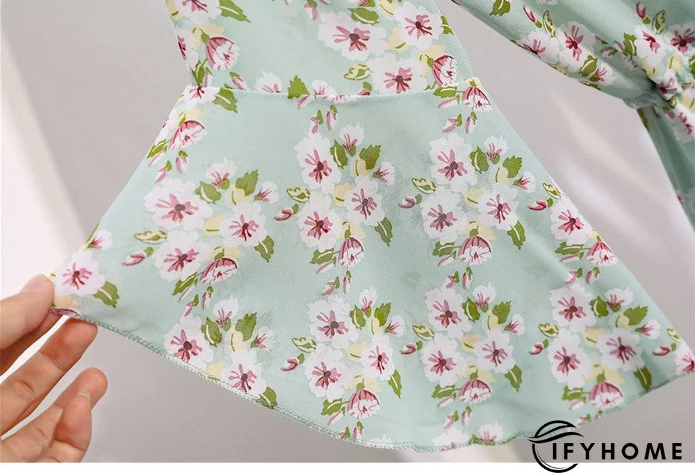 Spring Summer Chiffon Women V-Neck Floral Print Short Dresses Sweet Ruffle Sleeeve Slim Drawstring Ladies Dress | IFYHOME