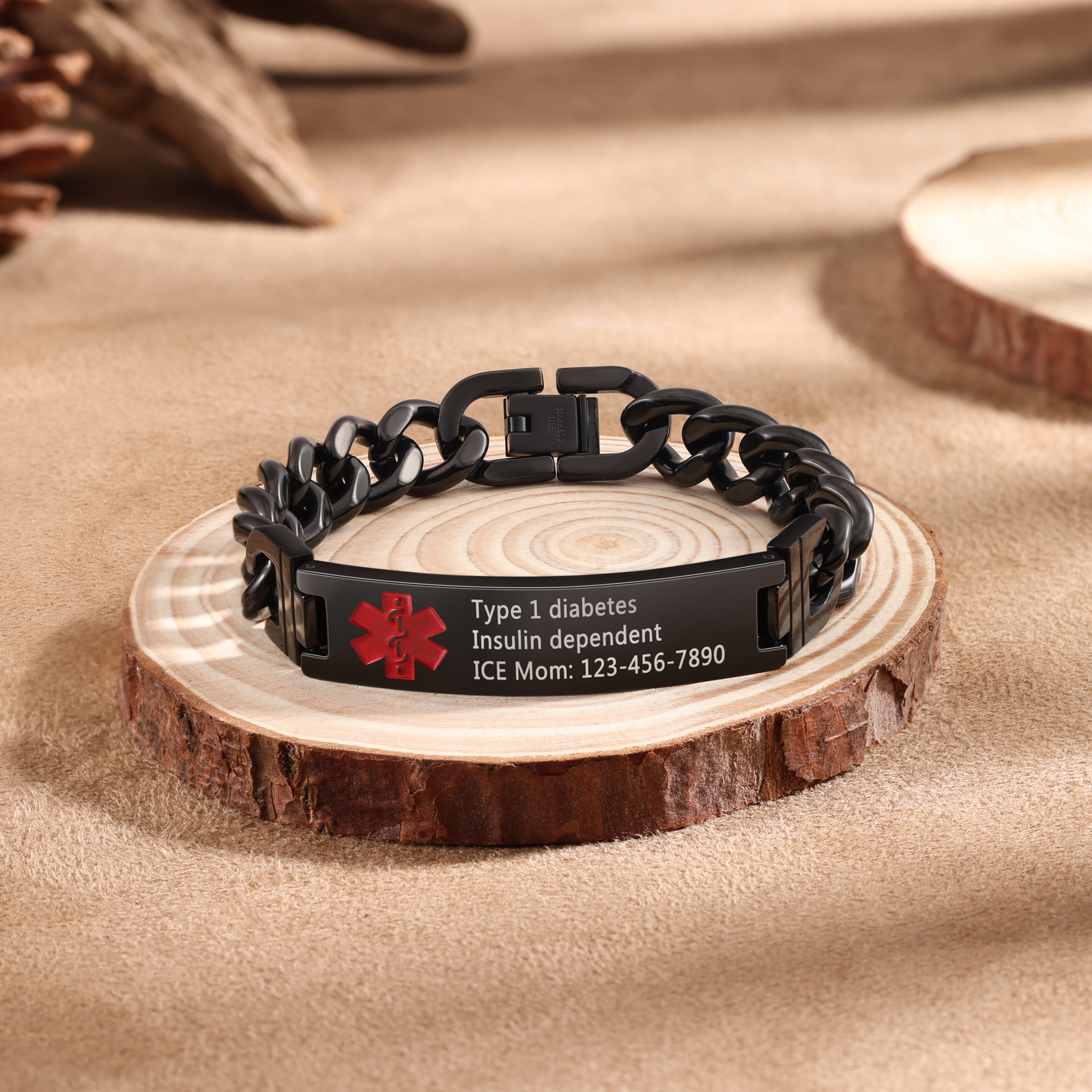 Personalized Medical Alert Bracelet ID Wristbands Stainless Steel Emergency Black Bracelet