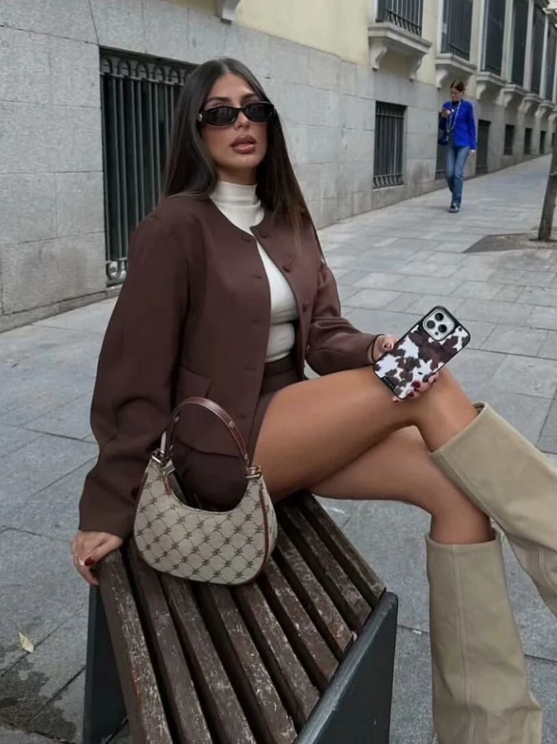 Nigikala Nigikala Women's 2025 Autumn Balloon Version Round-Neck Short Jacket + Mini Half-Bed Short Dress Two-Piece Set B4