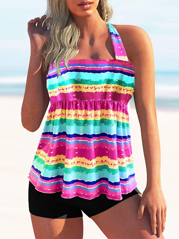 Plus Size Swimwear Sleeveless Colorblock Striped Printed Tankini