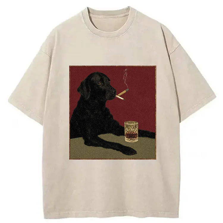 Tokyo-Mood Smoking Cool Black Dog With Cigarette And Whiskey Washed Unisex  T-Shirt