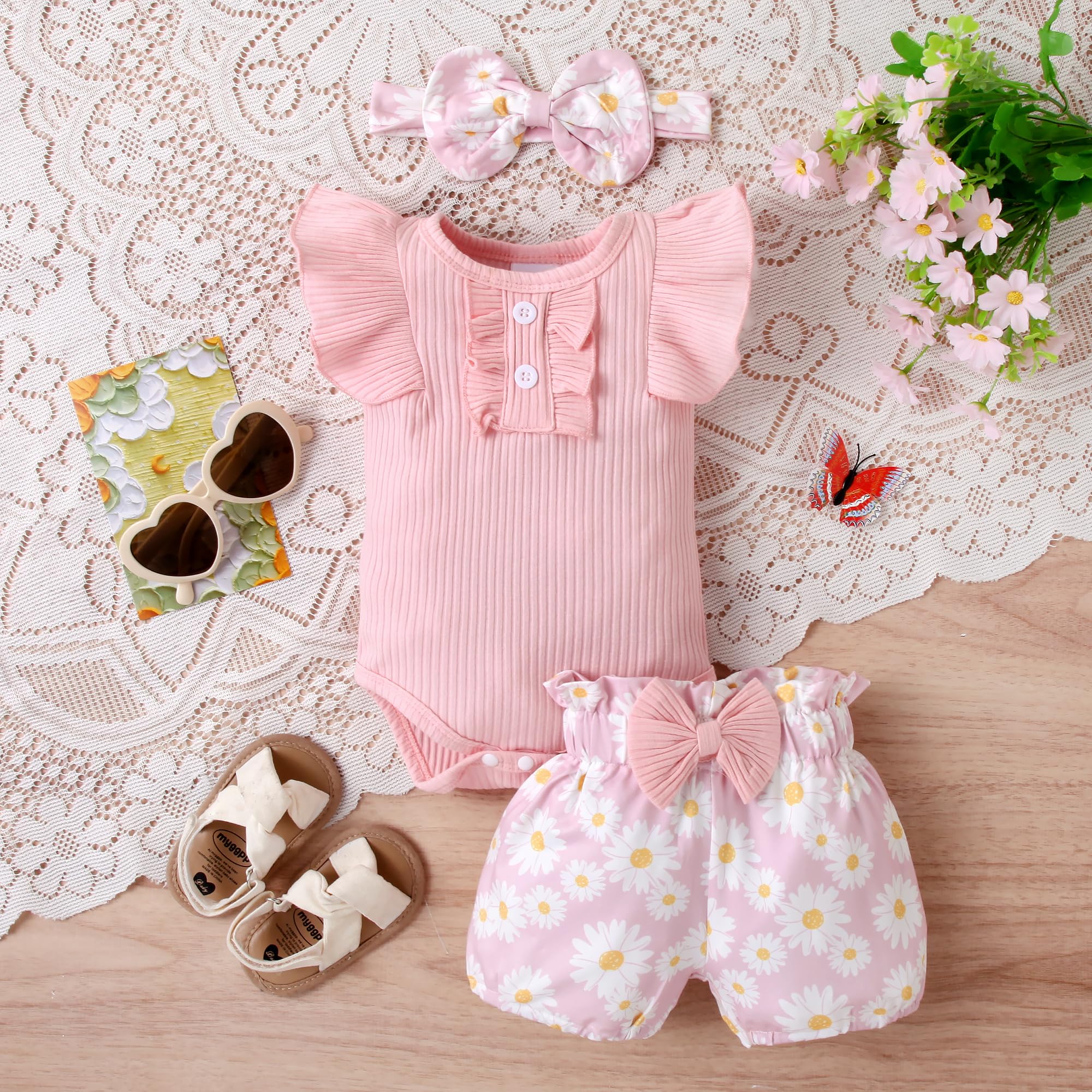 3pcs Solid Color Romper And Floral Printed Shorts Baby Girl Set