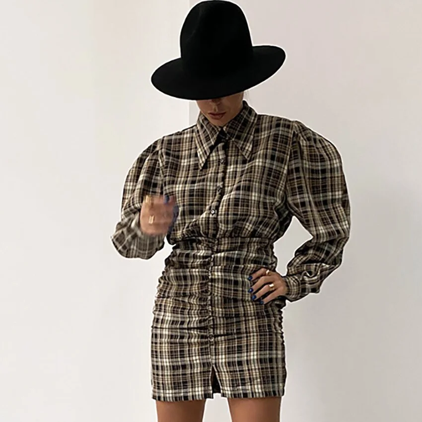Plaid Print Dress Autumn Puff Sleeve Single Breasted Shirring Dresses Casual Elegant Slim A Line Split Mini Dress Vestido 2023