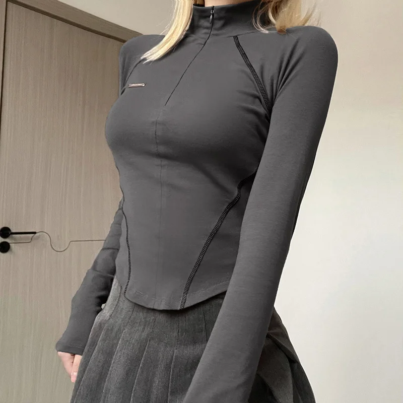 Woherb Woherb Spring 2023 New Spice Girl Stealth Zipper Stand Collar Bright Line Contrast Color Segmentation Slim Bottom T-Shirt-Outfit Ideas