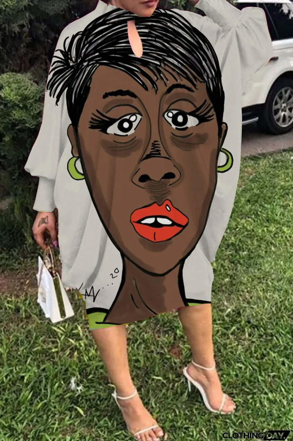 Light Gray Fashion Print Hollowed Out Round Neck Long Sleeve Dress