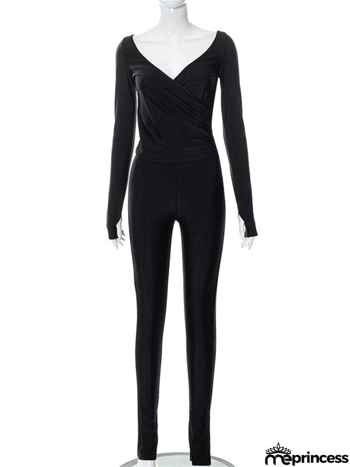 Ladies Sexy V Neck Pure Color Stretchy Shirt + Skinny Pants